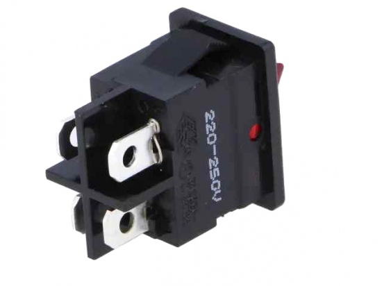 Switch rocker snap-in on/off rectangular red (0/1) DPST 6A/250V 